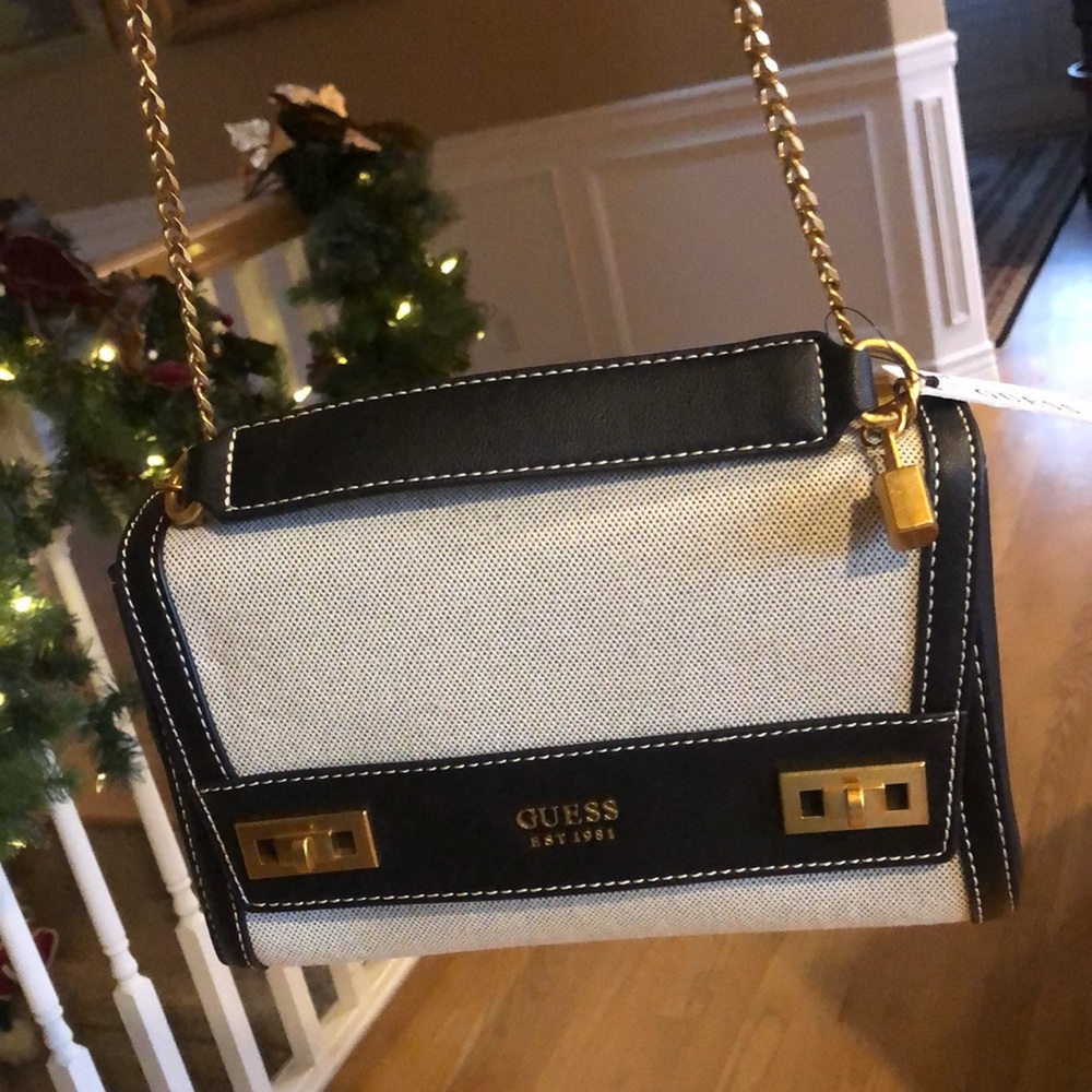 NWT Guess Katey natural/black over shoulder or crossbody bag and dust bag